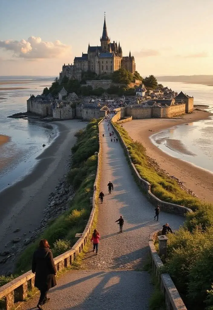Mont Saint-Michel abbey rising above the bay at high tide