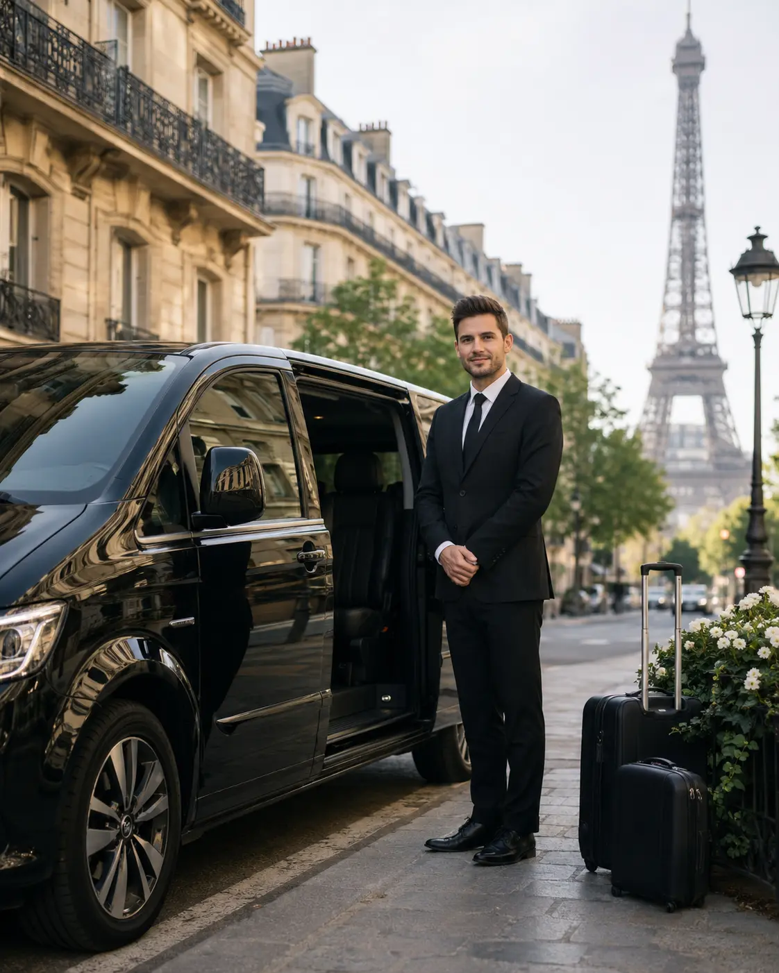 Paris Long Trip chauffeur beside the vehicle before a long-distance transfer from Paris